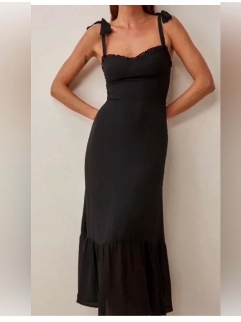 Reformation Black Tie-Shoulder Georgette Frill Hem Maxi Dress 4 - Picture 3 of 15